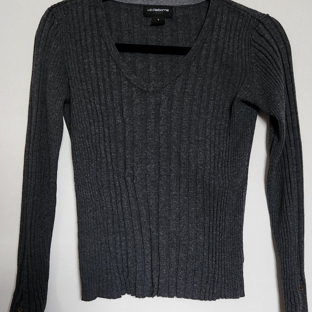 Liz Claiborne Career gray V neck long sleeve pullover lightweight sweater